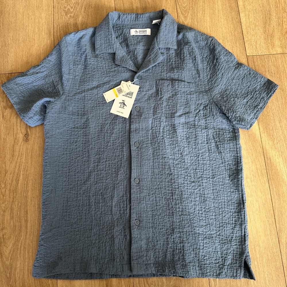 Penguin Original Men's Short Sleeve Button Blue Gauze Shirt Size Medium NEW
